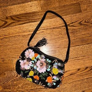 Black Floral Clutch with Wristlet Strap